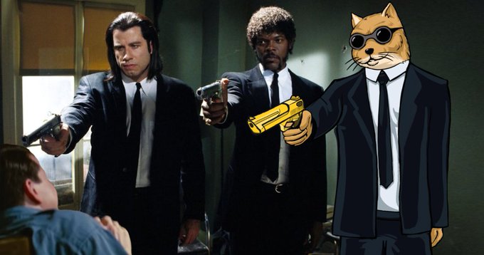 A scene from Pulp Fiction with Vincent and Jules pointing guns, edited so a cartoon cat wearing sunglasses holds a golden pistol alongside them.