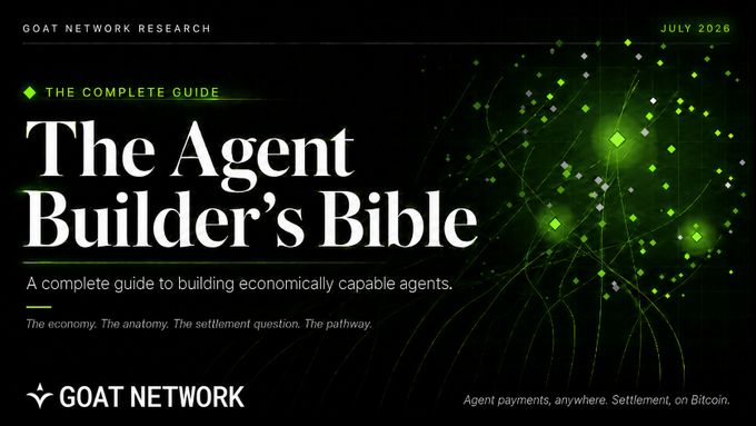 A digital cover page titled 'The Agent Builder's Bible' by GOAT NETWORK RESEARCH, dated July 2026, with the tagline 'A complete guide to building economically capable agents.' and 'Agent payments, anywhere. Settlement, on Bitcoin.'