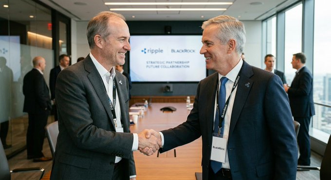 Two executives in business attire share a firm handshake and smile at a corporate event, with a screen behind them displaying "Ripple" and "BlackRock" alongside the text "Strategic Partnership" and "Future Collaboration," visually representing the rumored agreement between Ripple and BlackRock for a potential XRP ETF.