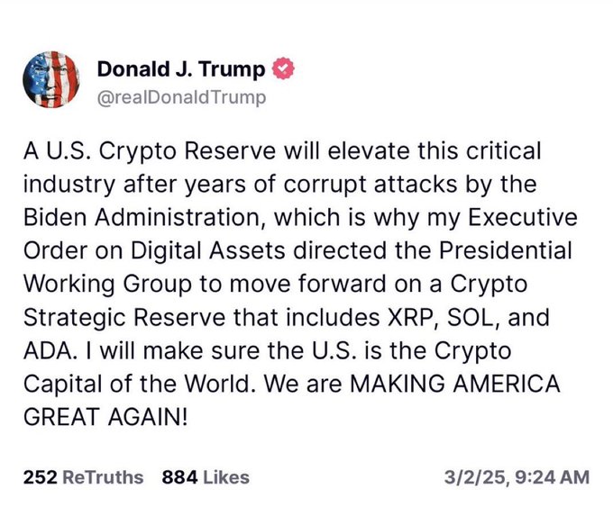 The image shows a Truth Social post from Donald J. Trump (@realDonaldTrump) dated 3/2/25, announcing that his Executive Order on Digital Assets directs the creation of a U.S. Crypto Strategic Reserve including XRP, SOL, and ADA, with the goal of making the U.S. the "Crypto Capital of the World." The post relates to the accompanying question by highlighting a major policy catalyst—if confirmed and acted upon, such official government accumulation of these specific altcoins would likely trigger significant market momentum and rally across the crypto sector.