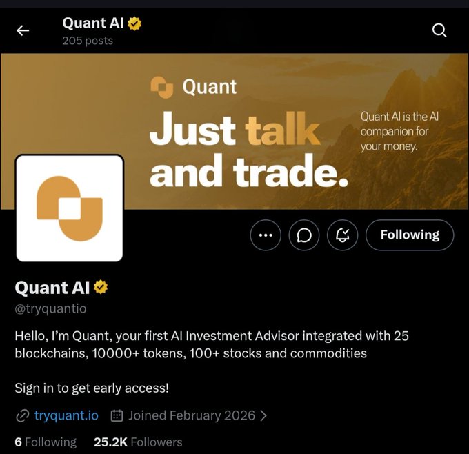 The image shows a verified Twitter/X profile page for "Quant AI" (@tryquantio), describing itself as an AI Investment Advisor integrated with 25 blockchains, 10,000+ tokens, and 100+ stocks/commodities, with 25.2K followers and a "Following" button visible. The profile supports the post's announcement by establishing Quant AI's credibility as the project preparing to launch its Quants NFT collection on Solana with 4,300 free mints and holder perks.