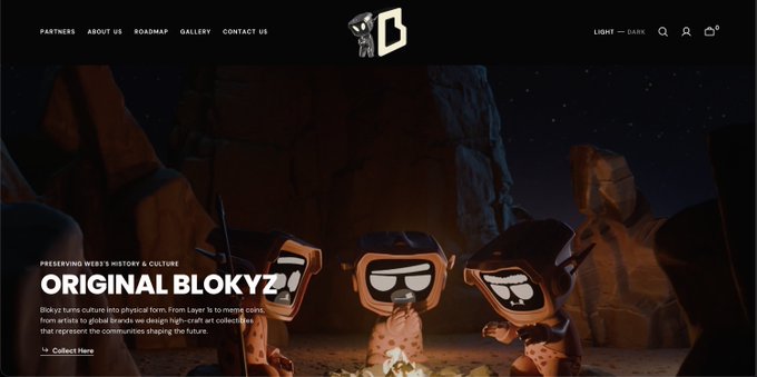 A website homepage for "ORIGINAL BLOKYZ" featuring cartoon character NFTs and the tagline "PRESERVING WEB3'S HISTORY & CULTURE," which appears to be the NFT project the user is preparing to mint. The post discusses strategic bidding approaches for the mint, suggesting the image serves as a visual reference to the project's landing page.