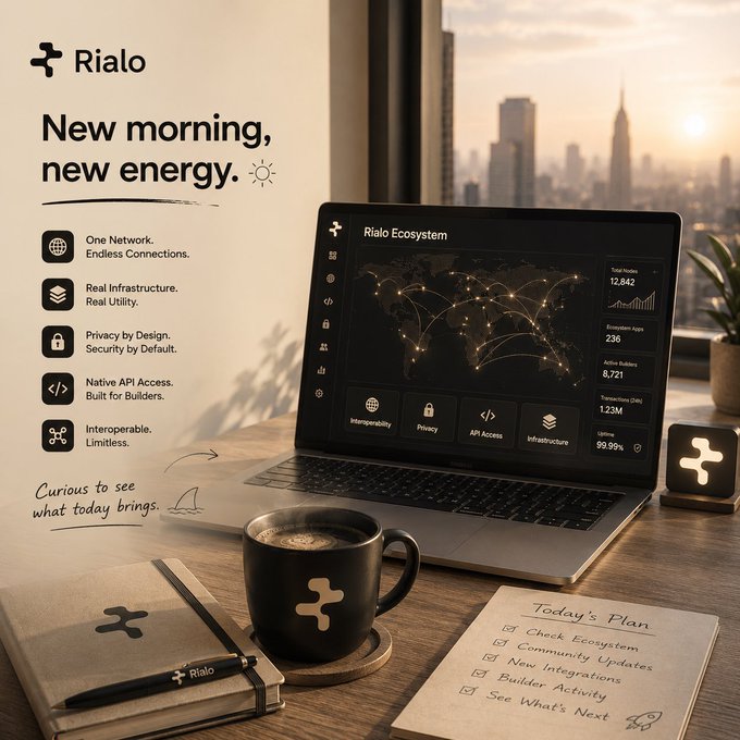 A promotional graphic for 'Rialo' features a laptop displaying the 'Rialo Ecosystem' dashboard on a desk, with the headline 'New morning, new energy' alongside icons highlighting network, infrastructure, privacy, and API features.