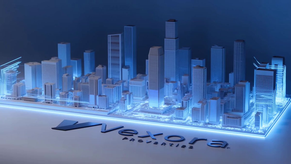 The image features a 3D rendering of a cityscape rendered in white and blue colors. The city includes various buildings, including skyscrapers that dominate the scene. In front of this cityscape, there's a logo for Vexora Properties, which is a combination of letters and numbers. This logo represents the merging of real estate and blockchain technology to create borderless digital opportunities. The image also contains text that reads "Vexora Properties — Bridging Real Estate and Blockchain tokenization is transforming real-world assets into borderless digital opportunities".