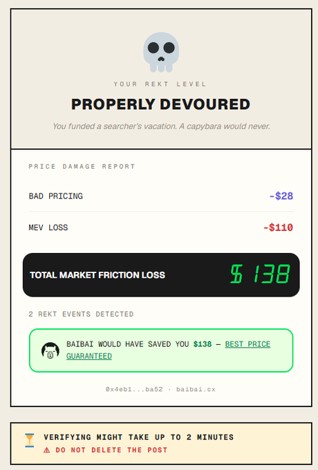 A humorous 'Rekt Level' report styled like a damage assessment card showing 'PROPERLY DEVORED' status with a skull emoji, detailing bad pricing of -$28 and MEV loss of -$110 for a total market friction loss of $138.