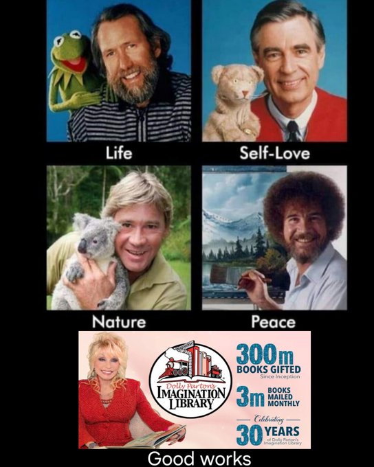 A collage shows Mr. Rogers with Kermit ('Life'), Mr. Rogers with a lion cub ('Self-Love'), Steve Irwin with a koala ('Nature'), Bob Ross ('Peace'), and Dolly Parton's Imagination Library celebrating 300m books gifted, 3m mailed monthly, 30 years ('Good works').
