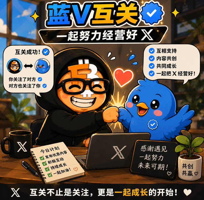 A colorful cartoon-style promotional graphic in Chinese features a character and the X (Twitter) blue bird fist-bumping, with text including "蓝V互关", "一起努力经营好X", "互关成功", and the X logo.
