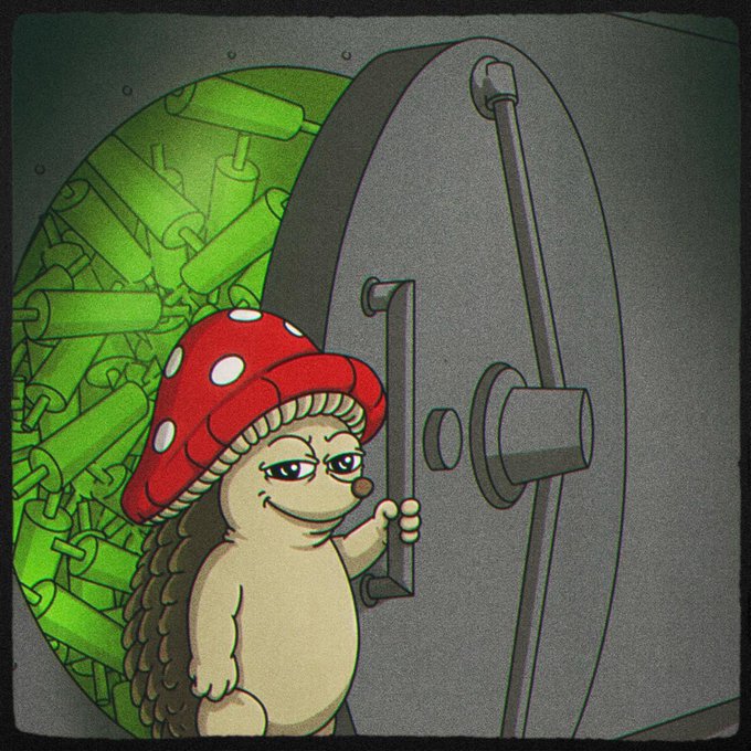 An animated illustration shows a hedgehog character wearing a red and white spotted mushroom cap, pulling open the heavy door of a gray vault filled with stacks of green bundles.