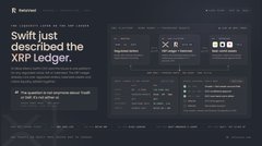 The image shows a presentation slide or webpage titled "Swift just described the XRP Ledger," featuring a dashboard with an "X" logo and the XRP Ledger interface, highlighting how Ripple's XRP Ledger has a significant 13-year head start over Swift's newly announced blockchain ledger from 2025.