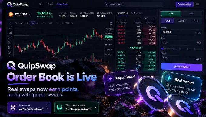 A screenshot of the QuipSwap cryptocurrency trading interface showing a BTC/USDT order book and candlestick chart, with promotional text reading 'Order Book is Live'.