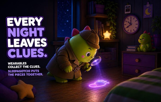 A promotional graphic with text 'EVERY NIGHT LEAVES CLUES. WEARABLES COLLECT THE CLUES. SLEEPAGOTCHI PUTS THE PIECES TOGETHER,' featuring a green dinosaur-like character dressed as a detective with a magnifying glass examining a glowing footprint in a cozy nighttime bedroom scene.