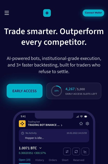 A mobile landing page for a trading platform reading 'Trade smarter. Outperform every competitor.', promoting AI-powered bots with an 'EARLY ACCESS' button showing 4,267 of 5,000 slots left.