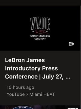 A YouTube video titled "LeBron James Introductory Press Conference | July 27" uploaded 10 hours ago by Miami HEAT briefly appeared before being removed, fueling speculation about a potential LeBron James signing with the Heat. The thumbnail displays the logo "WAFF" and "Statue Unveiling Ceremony" at the Kaseya Center, linking to Polymarket odds skyrocketing for a possible return to Miami.