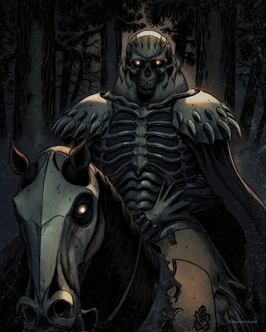 A dark fantasy illustration depicts a skeletal figure with glowing red eyes wearing bone-like armor, standing alongside a horned skeletal horse in a shadowy forest setting, signed by 'Dave Rapmund'.