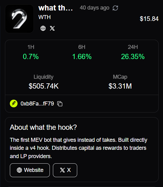 A crypto app screen showing a token called 'what th...' (WTH) priced at $15.84 with a $3.31M market cap, described as 'The first MEV bot that gives instead of takes.'