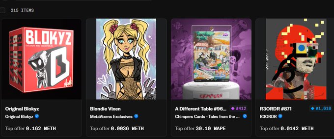 A digital marketplace interface showing NFT collections including "Original Blokyz" (0.162 WETH), "Blondie Vixen" (0.0036 WETH), "A Different Table #96..." (30.10 MAPE), and "R3ORDR #871" (0.0142 WETH).