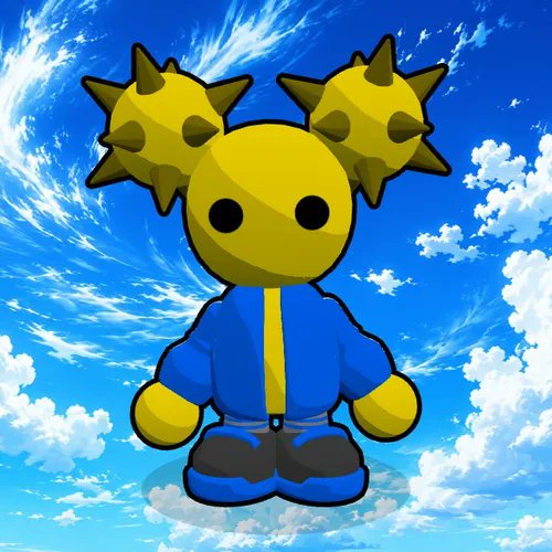 A cartoon character with a yellow face and two large spiked yellow hair buns stands against a blue sky with white clouds, wearing a blue jacket with a yellow zipper.