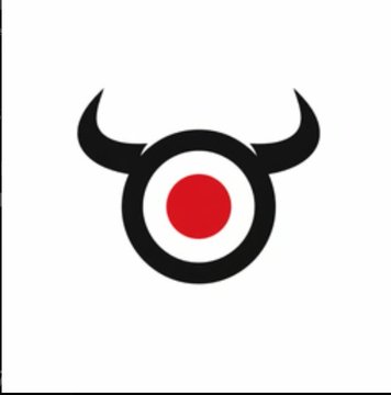 A stylized logo featuring a black bull's head silhouette with curved horns, containing a red circle in the center of a black ring on a white background.