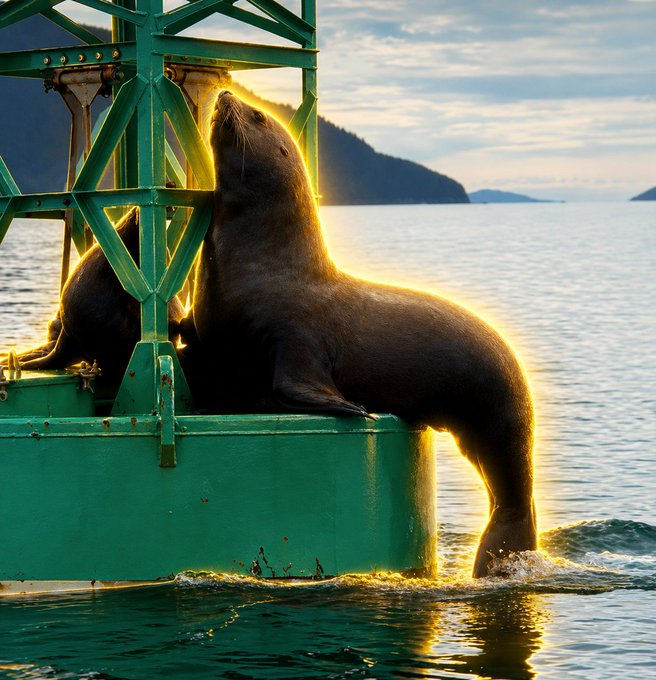 A sea lion perched on the edge of a green buoy or platform at sunset, with its head tilted upward against a backdrop of calm ocean water and distant mountains.