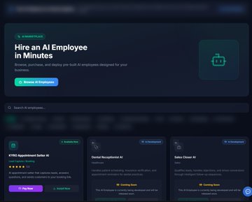 A website screenshot with the headline "Hire an AI Employee in Minutes," showing options like "EVY AI Appointment Setter AI," "Dental Receptionist AI," and "Sales Closer AI."
