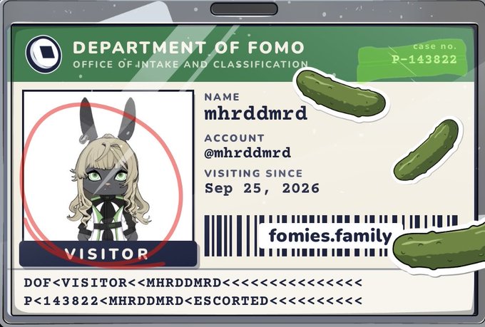 A digital 'DEPARTMENT OF FOMO' visitor ID card with case no. P-143822, displaying the name 'mhrddmrd', account '@mhrddmrd', a visiting date of 'Sep 25, 2026', and an anime-style character photo.