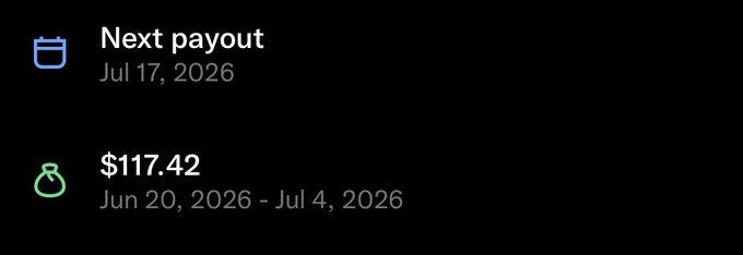 A payout summary screen showing a 'Next payout' of $117.42 scheduled for Jul 17, 2026, covering the period Jun 20 – Jul 4, 2026.