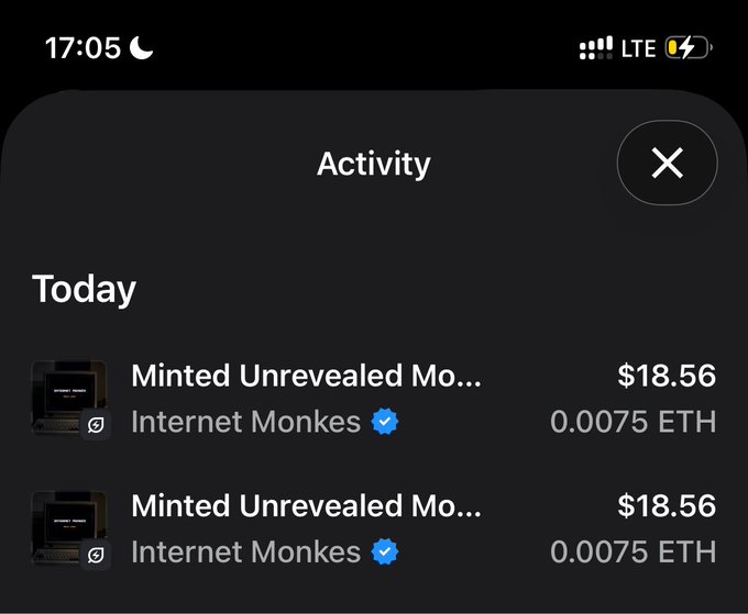 A dark-themed mobile app activity screen showing two transactions for 'Minted Unrevealed Mo...' from 'Internet Monkes' (verified), each priced at $18.56 / 0.0075 ETH, with the time 17:05 displayed at the top.