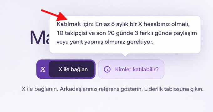 A screenshot of a Turkish website interface shows a popup stating 'Katılmak için: En az 6 aylık bir X hesabınız olmalı, 10 takipçisi ve son 90 günde 3 farklı günde paylaşım veya yanıt yapmış olmanız gerekiyor.' with an arrow pointing to it, above 'X ile bağlan' and 'Kimler katılabilir?' buttons.