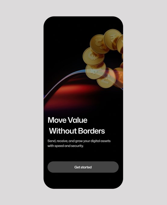 A mobile app advertisement screen displaying golden coins cascading down against a dark background with the text 'Move Value Without Borders,' 'Send, receive, and grow your digital assets with speed and security,' and a 'Get started' button.