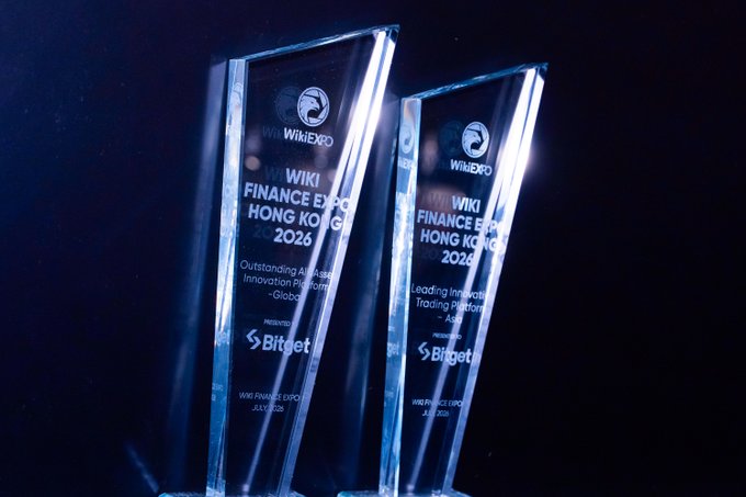 Two glass trophies displayed against a dark background, both bearing the 'WikiEXPO' logo and text reading 'WIKI FINANCE EXPO HONG KONG 2026' with 'Bitget' branding at the bottom.