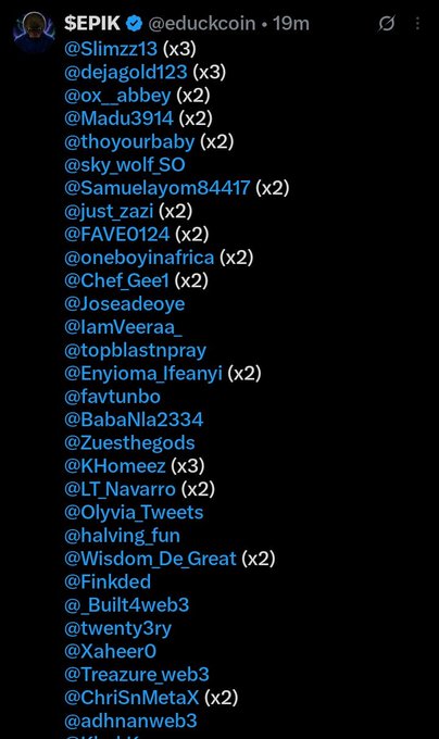 A Twitter post by 'ŞEPIK @educkcoin' listing multiple tagged users such as @Slimzz13, @dejagold123, and @ox_abbey.