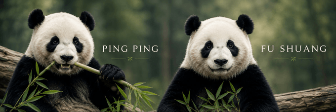 Two giant pandas named "PING PING" and "FU SHUANG" sit side by side against a lush green backdrop, with one munching on bamboo stalks. The image humorously illustrates the post's comparison of the two pandas to Trump and Xi, highlighting their distinct yet equally intense expressions.