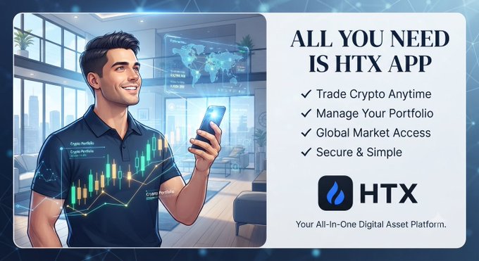 Promotional advertisement for the HTX app featuring a smiling man holding a phone, with text 'ALL YOU NEED IS HTX APP', listing features like 'Trade Crypto Anytime', 'Manage Your Portfolio', 'Global Market Access', and 'Secure & Simple'. The tagline reads 'Your All-In-One Digital Asset Platform.'