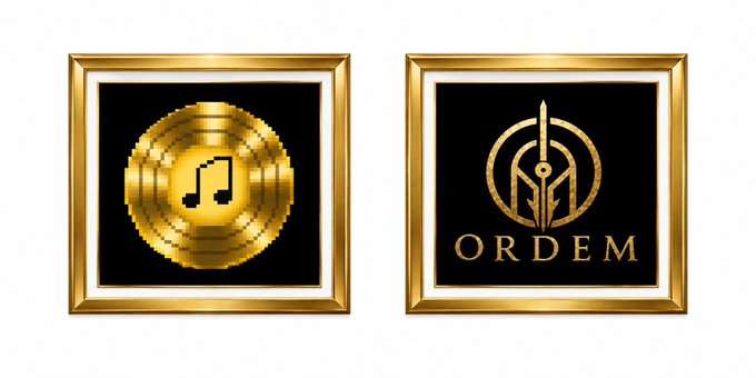 Two gold-framed icons on black backgrounds: the left shows a golden musical note disc, and the right displays a stylized emblem with a spear design and the word 'ORDEM' beneath it.