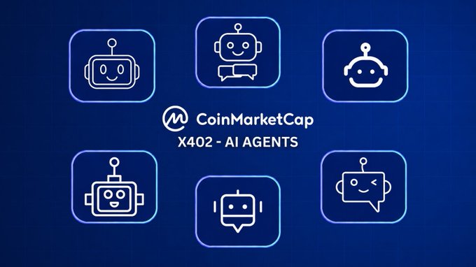 The image features a blue background with six robot icons arranged in two rows of three. Each row has four robots, creating a total of six robot icons. The text "CoinMarketCap" is written at the top left corner, while "x402 for AI Agents" is located on the bottom right corner. The text "AI agents" is positioned above and to the right of the x402 text.