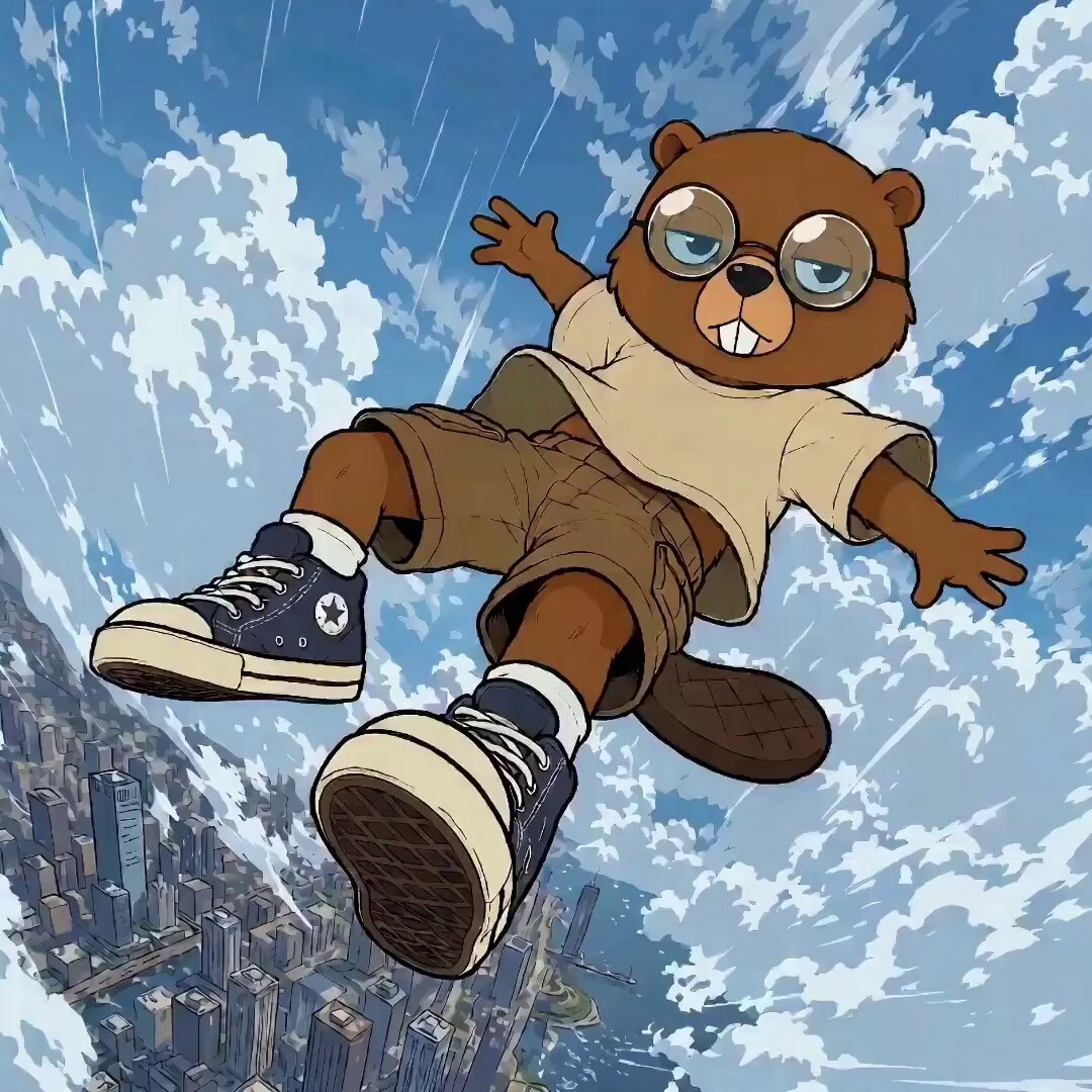 The image features a cartoon bear wearing glasses and a t-shirt, sitting on his hands while flying through the air with a city skyline in the background. The caption for the image reads "gm…. i’ve been following @PondSyndicate for a bit and I am really looking forward to the mint today #mints #free #minting".