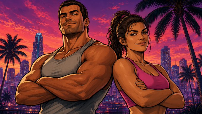 An illustrated muscular man in a gray tank top and a fit woman in a pink top stand back-to-back with arms crossed against a vibrant sunset cityscape with palm trees.