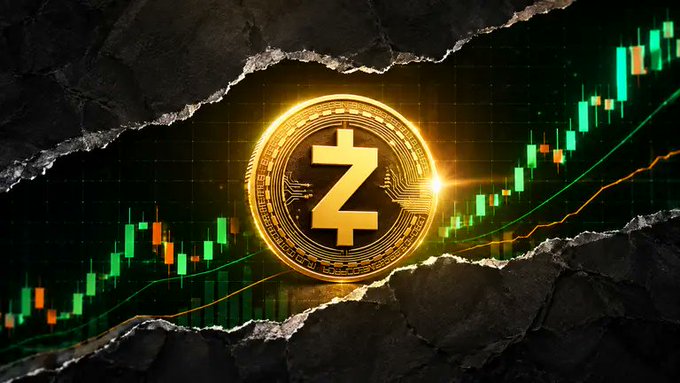 A Zcash cryptocurrency coin overlaid on a green trading chart with candlesticks rising through a torn paper effect.