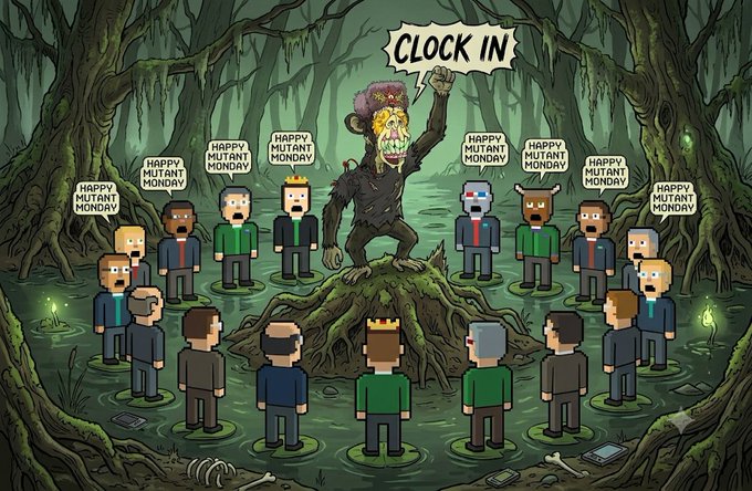 An illustrated scene depicting cartoon office workers in a swamp saying 'HAPPY MUTANT MONDAY' to a monstrous creature on a stump shouting 'CLOCK IN'.