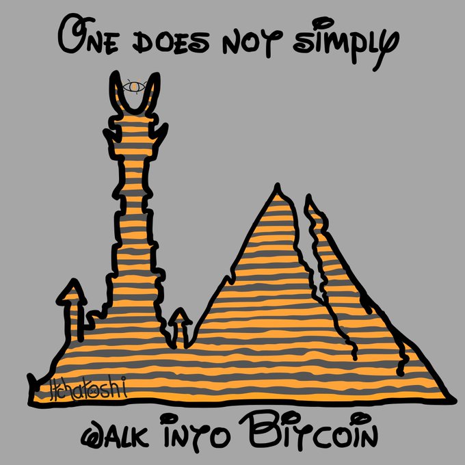 A stylized illustration with the text "ONE DOES NOT SIMPLY WALK INTO BITCOIN," depicting a striped tower and mountain reminiscent of Mordor, with a small eye symbol at the top.