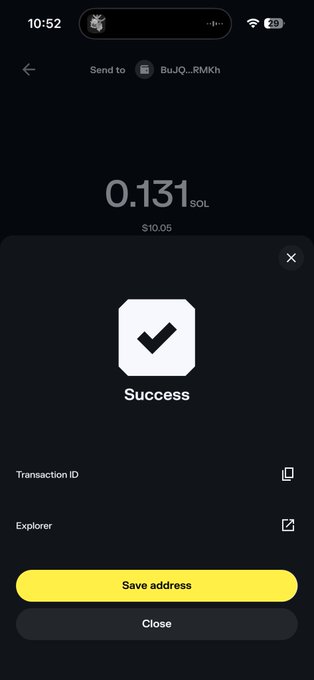 A cryptocurrency wallet app displays a successful transaction confirmation showing 0.131 SOL (~$10.05) sent to wallet address "BuJQ...RMKh," directly corresponding to the post's claim of sending $10 worth of Solana to a commenter.