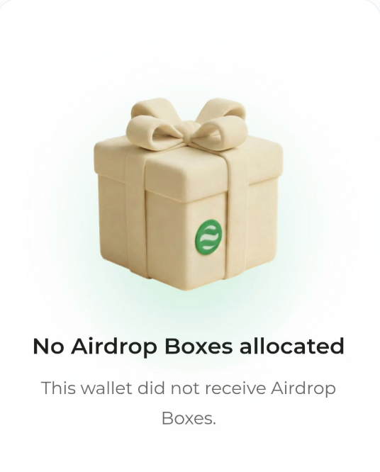A 3D-rendered gift box with a green logo and text stating 'No Airdrop Boxes allocated - This wallet did not receive Airdrop Boxes.'