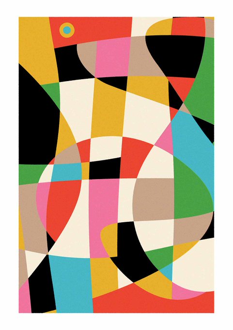 An abstract geometric artwork or rug featuring a colorful patchwork of shapes in red, pink, yellow, green, blue, black, and cream colors arranged in curved and rectangular patterns.