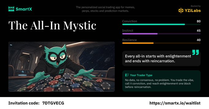 A promotional web banner for SmartX, 'The All-In Mystic' social trading app, shows a green owl mascot at a poker table with stats (Conviction 80, Instinct 45, Resilience 40) and an invitation code '7DTGVEC'.