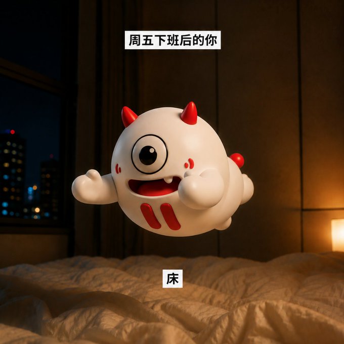 A meme image showing a cute white devil-like character jumping toward a bed, with Chinese text reading "周五下班后的你" (You after work on Friday) above and "床" (Bed) labeling the bed below.