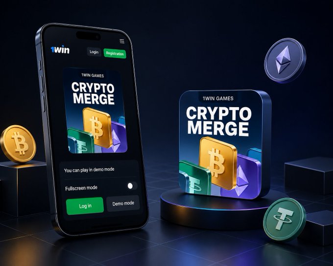 The image showcases a smartphone displaying the "1WIN GAMES" app featuring "CRYPTO MERGE" alongside a 3D app icon, surrounded by floating Bitcoin, Ethereum, Tether, and Ethereum coins on a dark pedestal. The visual directly supports the post's message about "Crypto Merge" remaining live and available to play, contrasting the quiet crypto markets with an active gaming alternative from @1winPro.