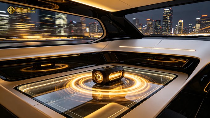 Inside a sleek futuristic vehicle interior with a glowing cityscape view, a small black and gold device labeled "ARK AI DaFAI" sits on a reflective surface surrounded by swirling golden light trails, symbolizing the speed and intelligence of the Arkie AI App driving real-world action.