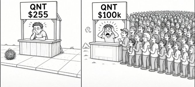 A two-panel cartoon illustrating the difference between selling 'QNT' at $255 versus $100k, showing a bored vendor alone in the first panel and a huge crowd in the second.