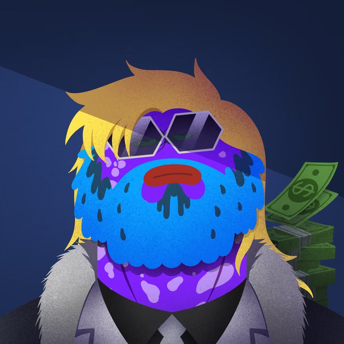 A colorful digital illustration of a character with purple and blue face markings, hexagonal sunglasses, and a mustache, standing next to stacks of money.