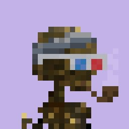 A pixel art character resembling a Star Wars Jawa, with brown hooded robes and glowing red and blue eyes, set against a light purple background.